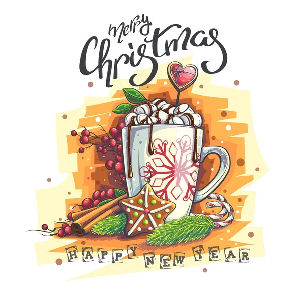 Ilustración Fondo Vectorial Feliz Año Nuevo Marry Christmas Una Taza — Vector de stock