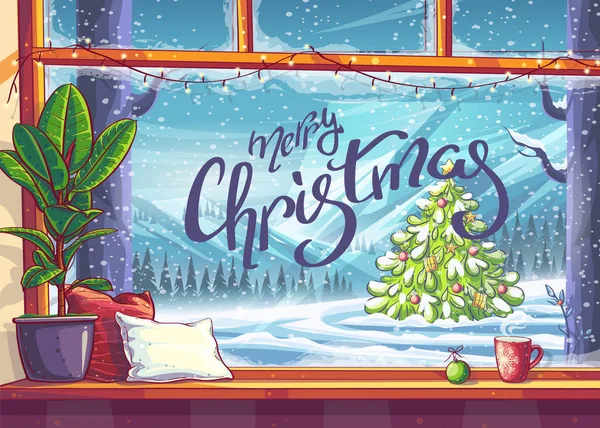 Веселого Різдва Вигляд Вікна Друку Вимогою Рекламою Рекламою Журналами Газетами — стоковий вектор