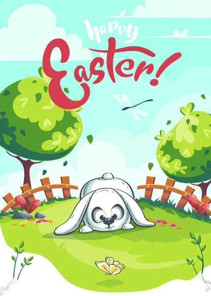 Vector Primavera Pascua Saludo Ilustración Con Conejo Césped Verde — Vector de stock