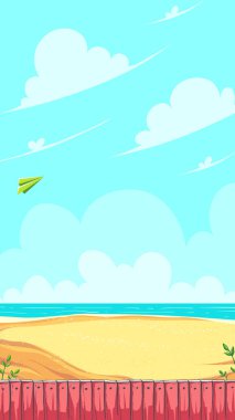 Vertical game field. Green paper airplane flying in the clouds over the sandy seashore with red wooden fence. Vector background illustration. 