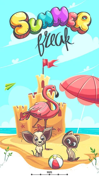 Summer Break Vector Illustration Flamingo Puppy Kitten Seashore Front Sand — ストックベクタ