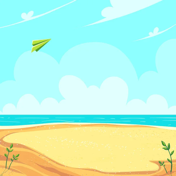 Green Paper Airplane Flying Clouds Sandy Seashore Vector Background Illustration — Vetor de Stock