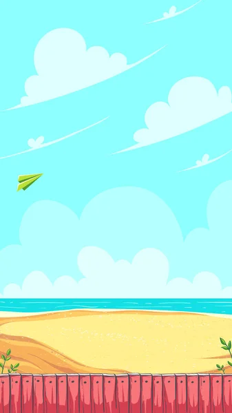 Vertical Game Field Green Paper Airplane Flying Clouds Sandy Seashore — Vetor de Stock