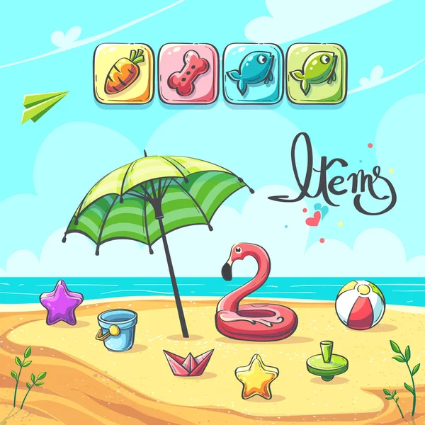 Items Match Three Game Summer Break Flamingo Beach Umbrella Bucket — Image vectorielle