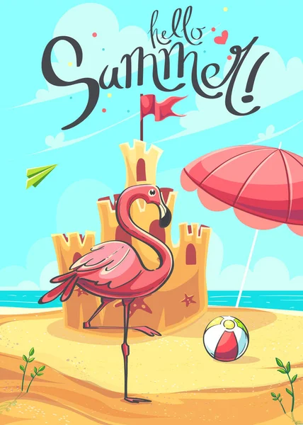 Hello Summer Vektor Illusztráció Flamingó Tengerparton Homokvár Előtt Igény Szerinti — Stock Vector