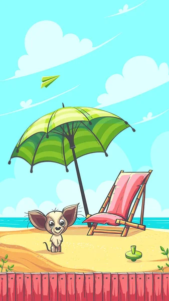 Olá Verão Ilustração Vetorial Com Cachorrinho Areia Imagem Fundo Para — Vetor de Stock