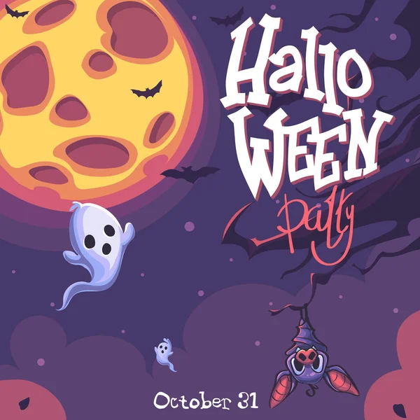 Halloween Party Sfondo Vettoriale Con Fantasma Luna Pipistrello Albero — Vettoriale Stock