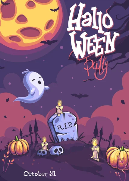 Halloween Party Vektor Illustration Hauptbildschirm Mit Grabstein Geist — Stockvektor