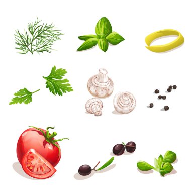 dereotu, maydanoz, domates, mantar, zeytin, fesleğen, karabiber.