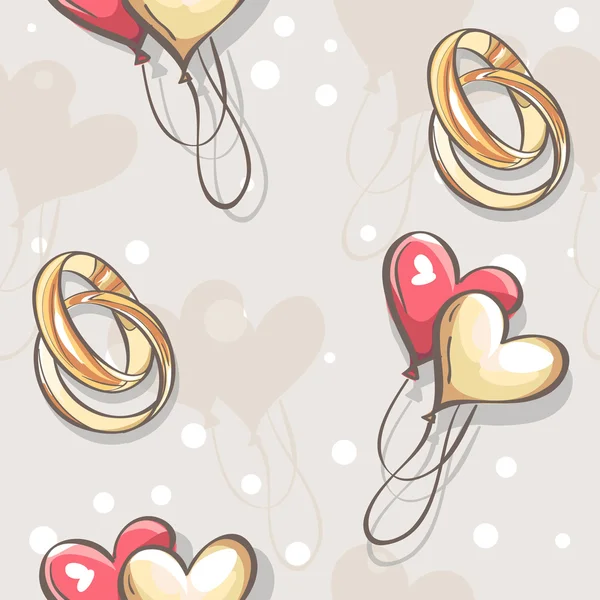 Textura sin costuras de la boda con corazones y globos anillos de boda — Vector de stock