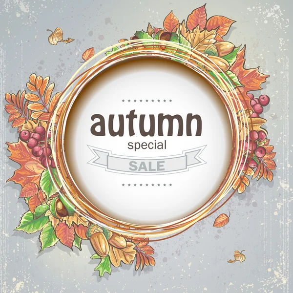 Achtergrond voor grote herfst verkoop met de afbeelding van de herfst bladeren, eikels, kastanjes en bessen van planten van viburnum — Stockvector