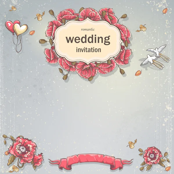 Ślubne Zaproszenia karty tekstu na szarym tle z maku, balony i gołębie — Wektor stockowy