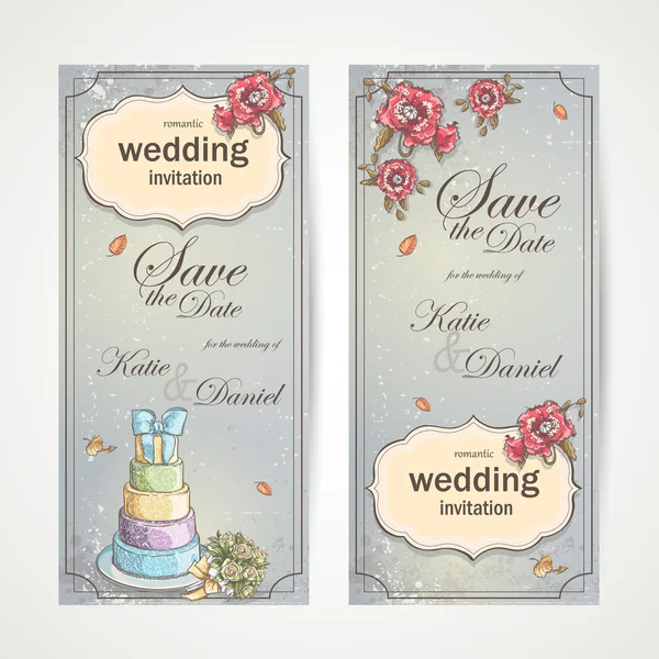 Conjunto de pancartas verticales invitaciones de boda con amapolas rojas, pastel y un ramo de rosas — Vector de stock
