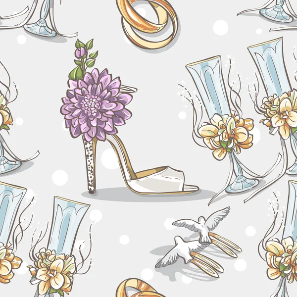 Varrat nélküli textúra esküvő esküvő gyűrű, szemüveg, és cipők menyasszony — Stock Vector