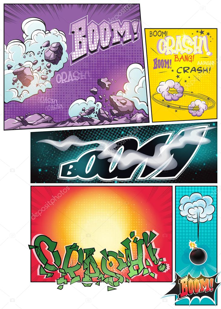 Image comic book pages with different background comic strips and various inscriptions boom