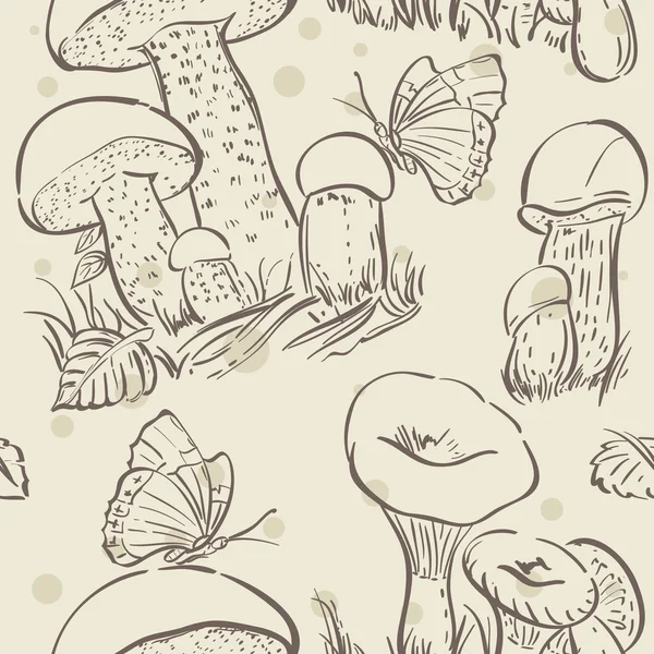 Бесшовный текстурный контур белых грибов, осенних листьев и бабочек — стоковый вектор