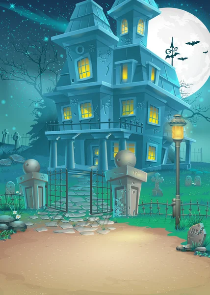 Illustration eines Geisterhauses in einer mondhellen Nacht lizenzfreie Stockvektoren