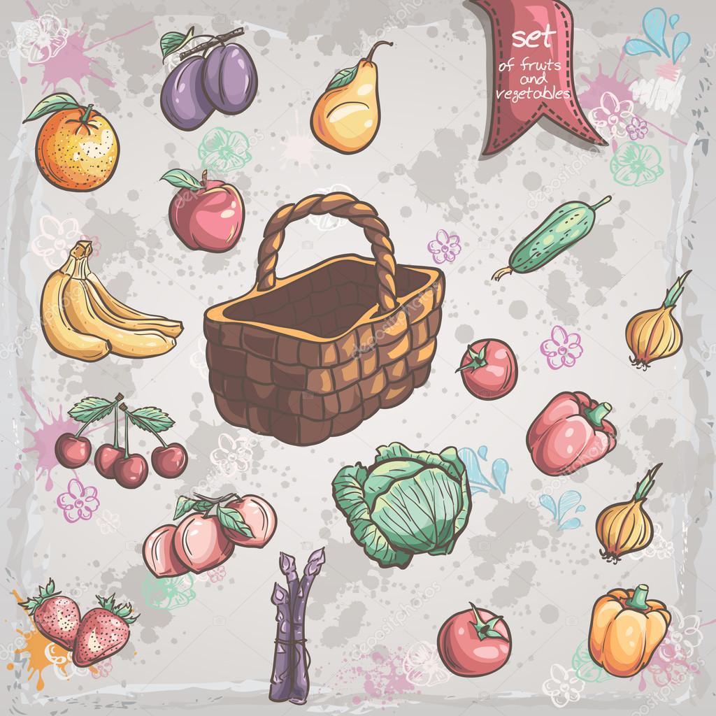 Set of vegetables and fruits with a wicker basket