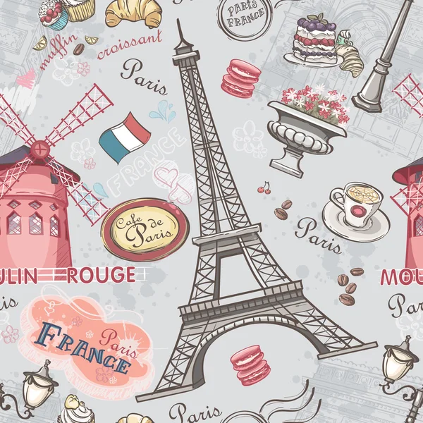 Textura perfecta con la imagen de los lugares de interés de París — Vector de stock