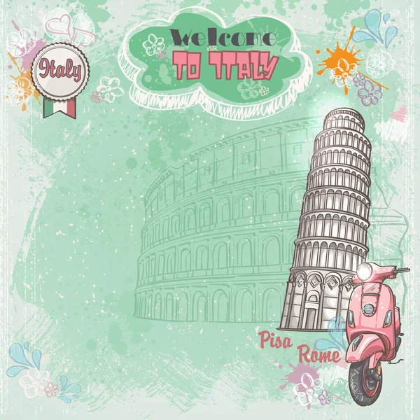 Bakgrund av Italien för din text med bilden av colosseum, lutande tornet och rosa moped — Stock vektor