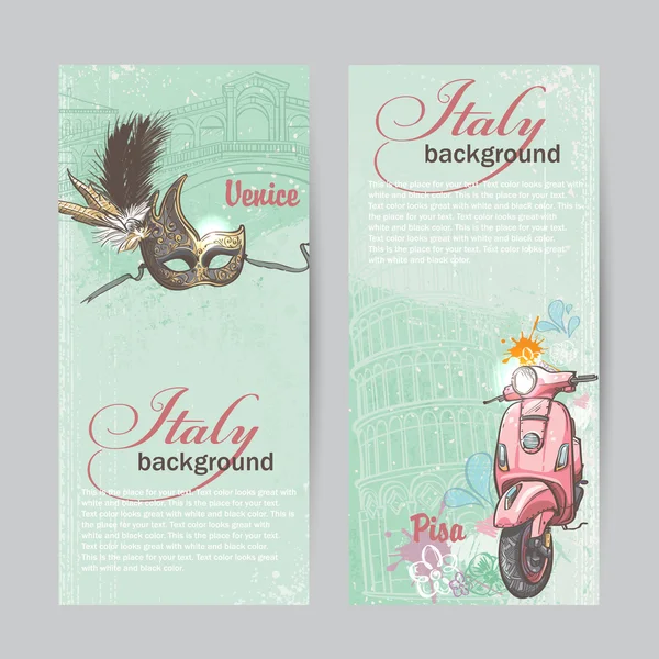 Set of verticall banners of Italy. Cities of Pisa and Venice with a mask and a pink moped — Stock Vector