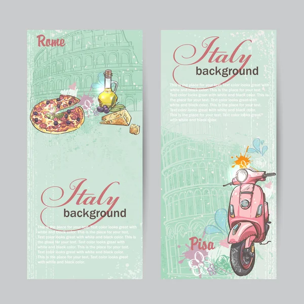 Set van verticall banners van Italië. steden rome of pisa met het beeld van een roze bromfiets, pizza, kaas en olie blikjes — Stockvector