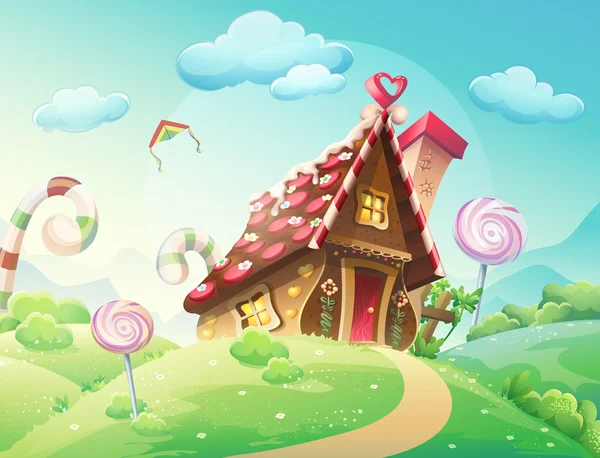 Illustration des süßen Hauses aus Plätzchen und Bonbons auf einem Hintergrund aus Wiesen und wachsenden Karamellen. — Stockvektor