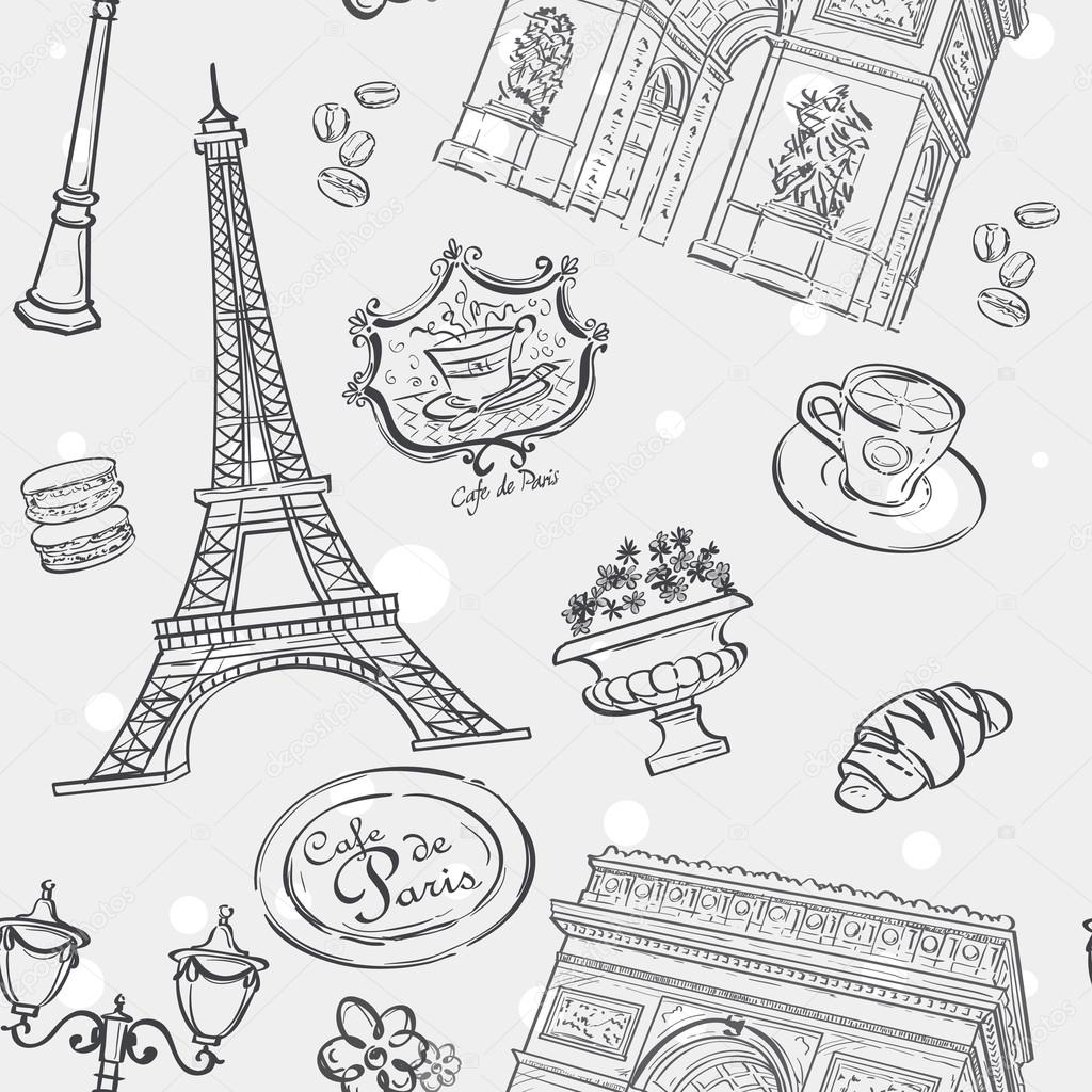 Seamless texture in black outline with the image of the Eiffel Tower, France, and other items