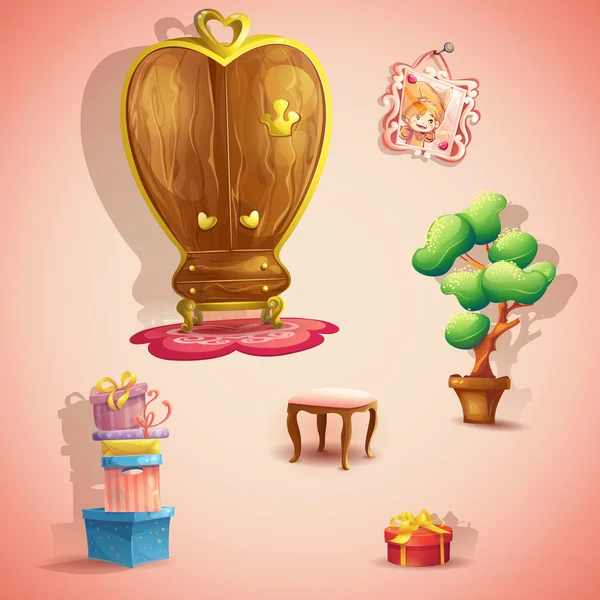 Un conjunto de muebles y artículos para el dormitorio de la princesa muñeca — Vector de stock