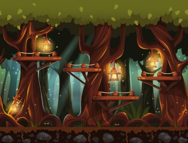 Seamless background fabulous night forest with lanterns, fireflies and wooden bridges in the trees. clipart