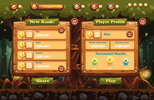 Peri orman illüstrasyon el feneri ve ekranlar, düğmeler, örnekleri ile gece bilgisayar oyunları ve web tasarım için ilerleme Bar. 1 set.