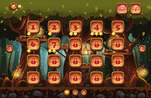 Peri orman illüstrasyon el feneri ve ekranlar, düğmeler, örnekleri ile gece bilgisayar oyunları ve web tasarım için ilerleme Bar. Küme 4.