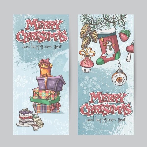 垂直的圣诞贺卡，用手电筒、 铃铛和礼物一套 — 图库矢量图片