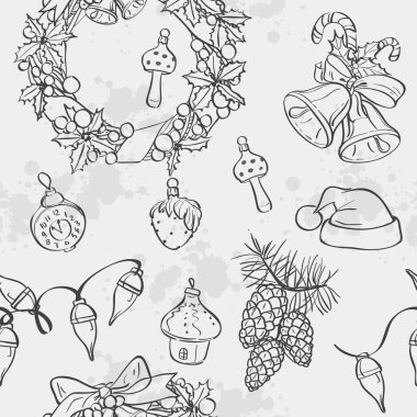 Noel çelenk, çan, Noel ağacı oyuncaklar ile sorunsuz doku. Siyah kontur