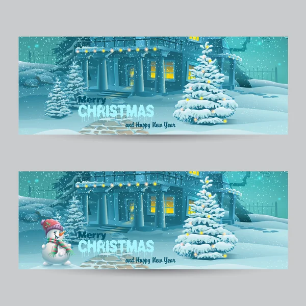 Set van horizontale banners met kerst en Nieuwjaar met de afbeelding van een besneeuwde nacht met een sneeuwpop en kerstbomen — Stockvector