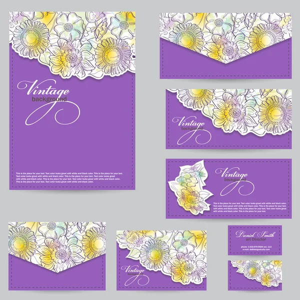 Set design for business cards, envelopes, postcards. floral back — Stock Vector