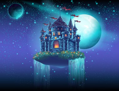 Resimde bir uçan kale alanı arka planda şelaleler ile yıldızlar ve gezegenler