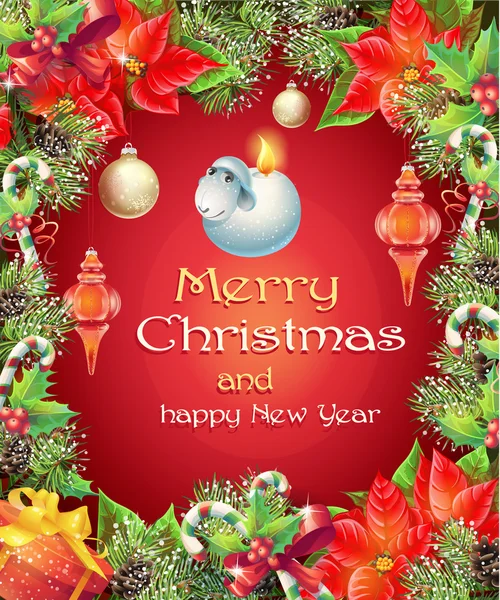 Cartão de vetor com árvore de Natal e Ano Novo com galhos, cones de pinheiro e brinquedos — Vetor de Stock