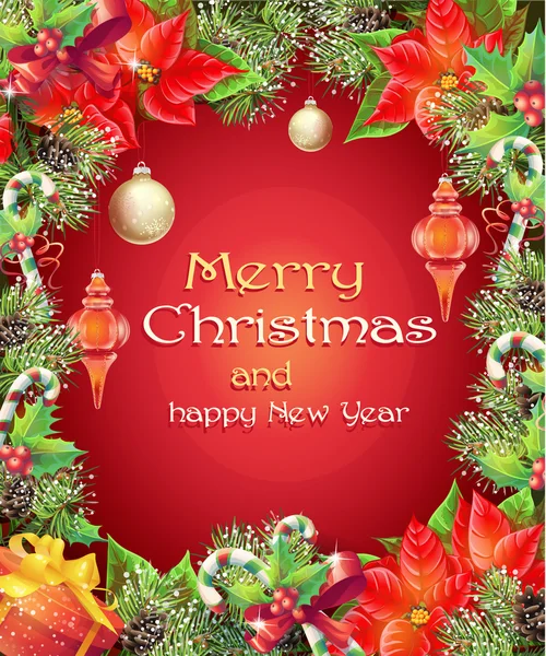 Cartão de saudação com árvore de Natal e Ano Novo com galhos, cones de pinho, brinquedos, doces e flores — Vetor de Stock