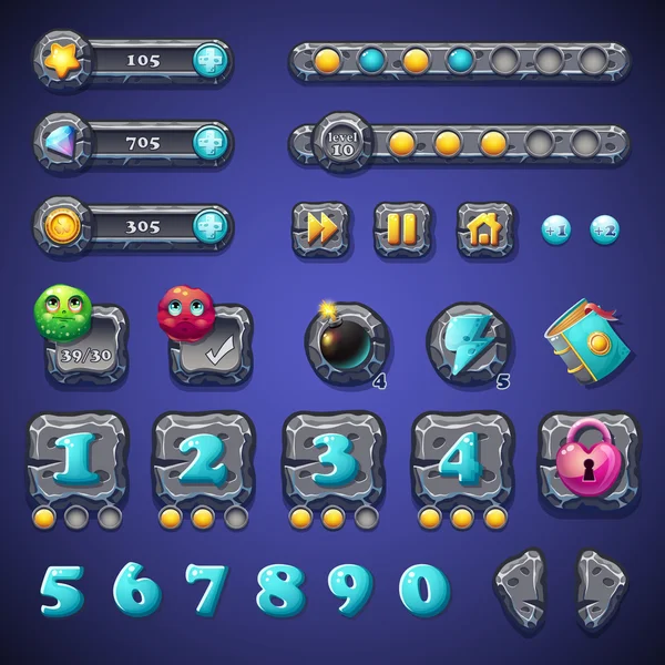 Taş düğmeleri, ilerleme çubukları, barlar nesneleri, sikke, kristaller, simgeler, güçlendiriciler ve bilgisayar web tasarımı ve kullanıcı arabirimindeki diğer ellementov Oyunlar ayarla
