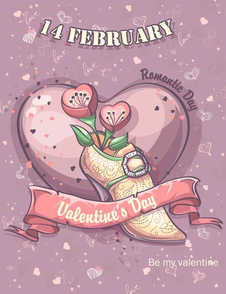 Tarjeta de felicitación para San Valentín con corazones, flores y zapatos — Vector de stock