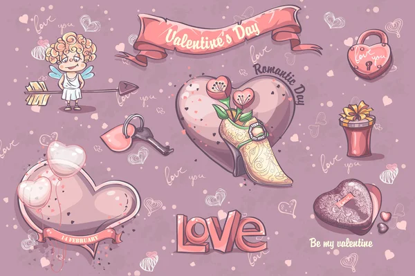 Conjunto de elementos festivos e ilustrações para o Dia dos Namorados — Vetor de Stock