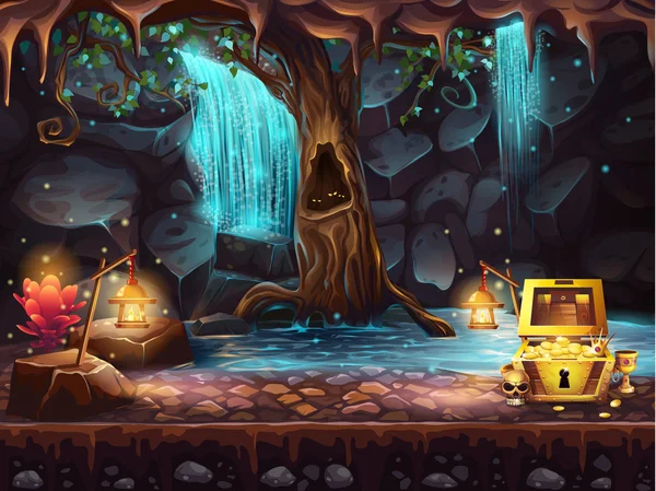 Cueva de fantasía con una cascada, árbol, cofre del tesoro Vectores De Stock Sin Royalties Gratis