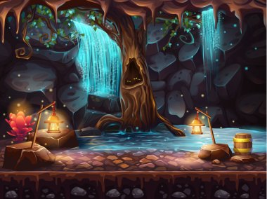 Cave with a waterfall and a magic tree and barrel of gold clipart