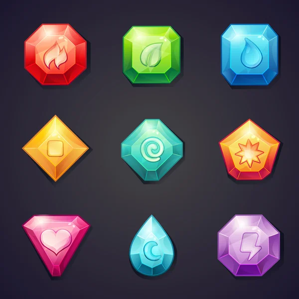 Conjunto de piedras de colores de dibujos animados con diferentes signos elemento para su uso en el juego, tres en una fila — Archivo Imágenes Vectoriales