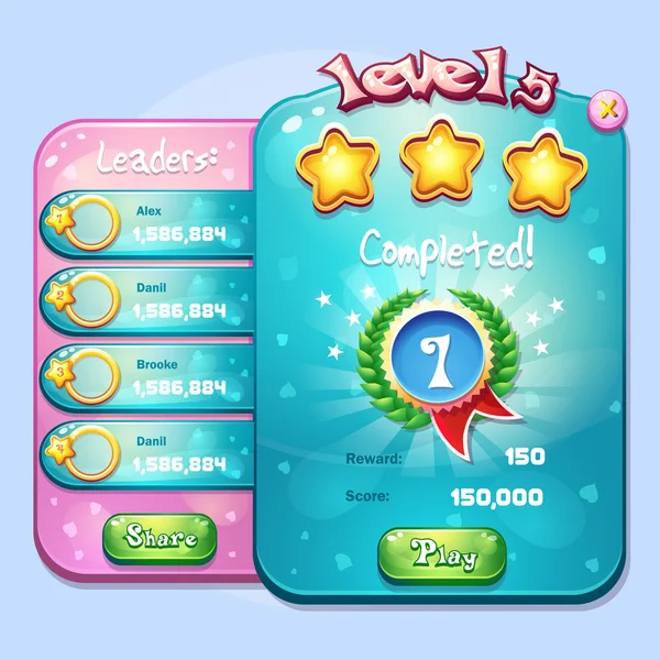 Example of the window level completion for a computer game in cartoon style — Stock Vector