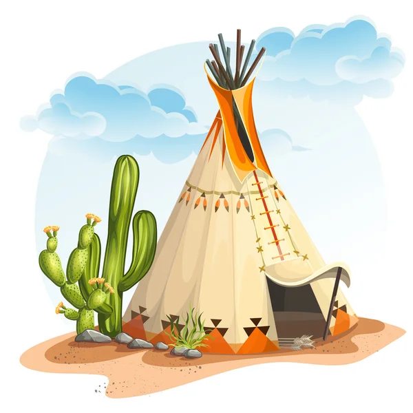 Ilustrace ze severní indiánské týpí domů s kaktusy a kameny — Stockový vektor