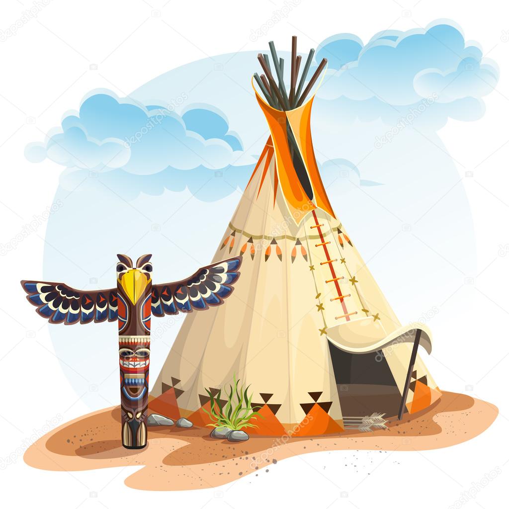 North American Indian tipi home with totem