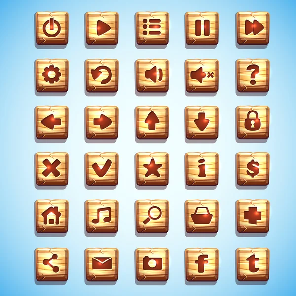 Ampia serie di pulsanti quadrati in legno per l'interfaccia utente giochi per computer e web design Illustrazione Stock