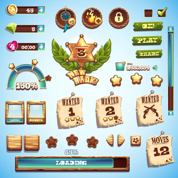 Großes Set an Cartoon-Stilelementen für das Interface-Design im Wild-West-Spiel — Stockvektor